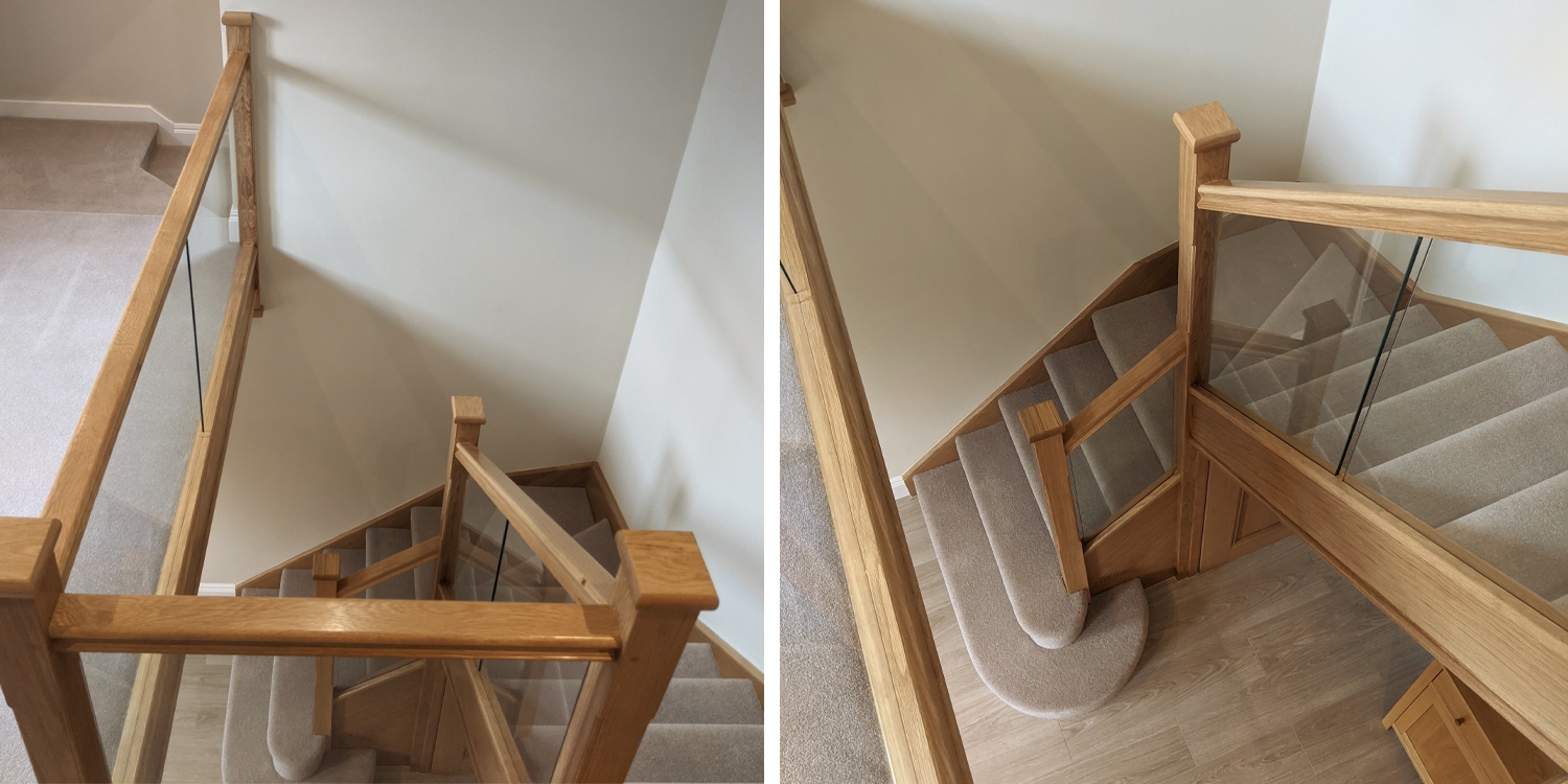 oak stairwell, glass railing, staircase idea