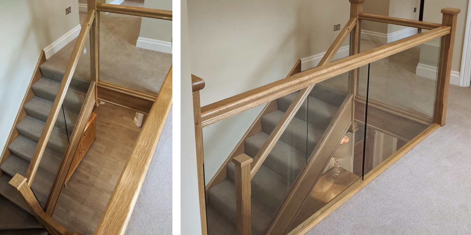 glass balustrade, oak handrail, uk staircase desigfn