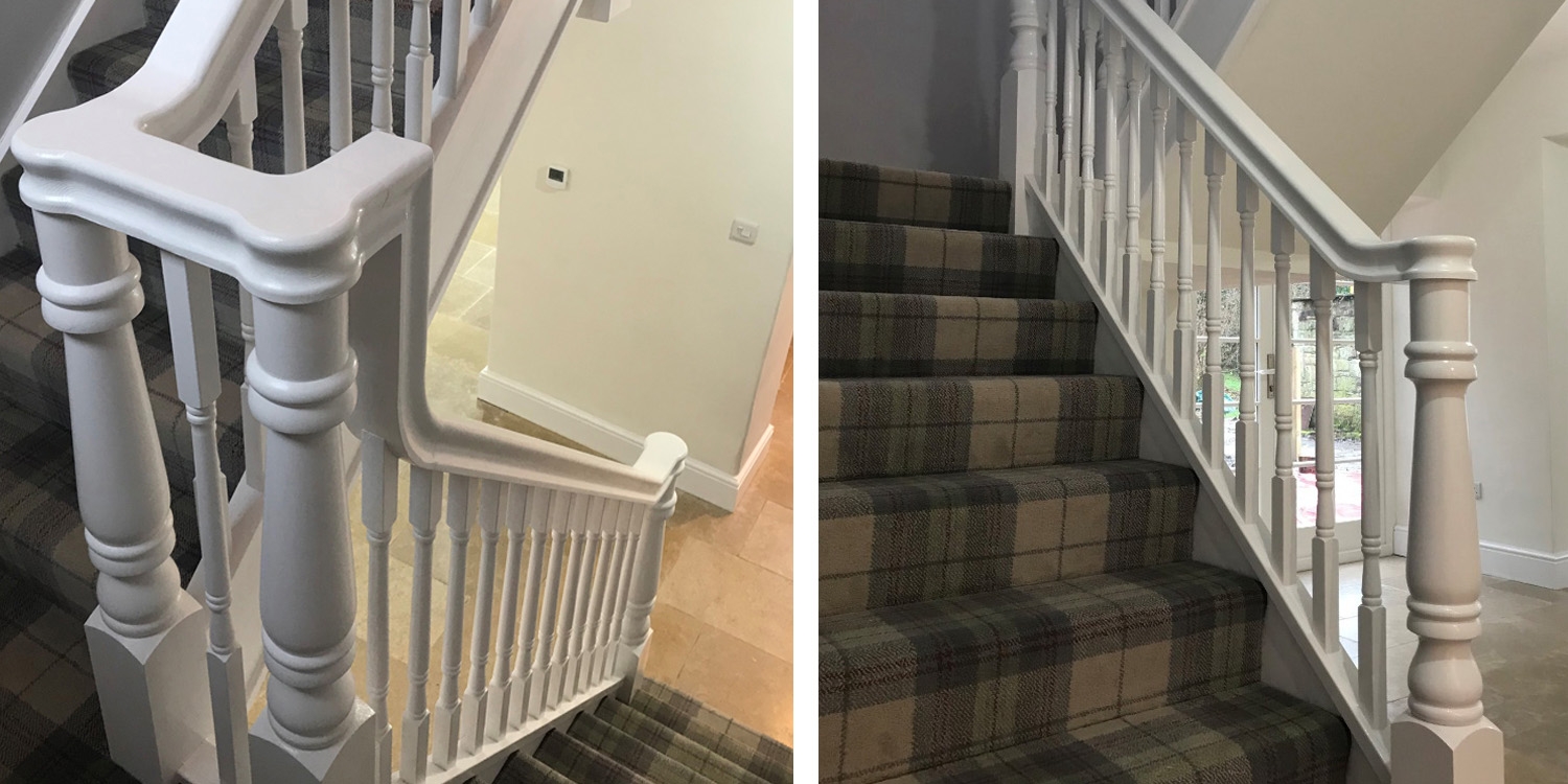 white continuous handrail, white staircase, stair parts uk
