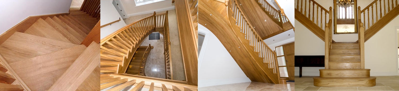 Large curved , winder and double oak staircases for a three storey house