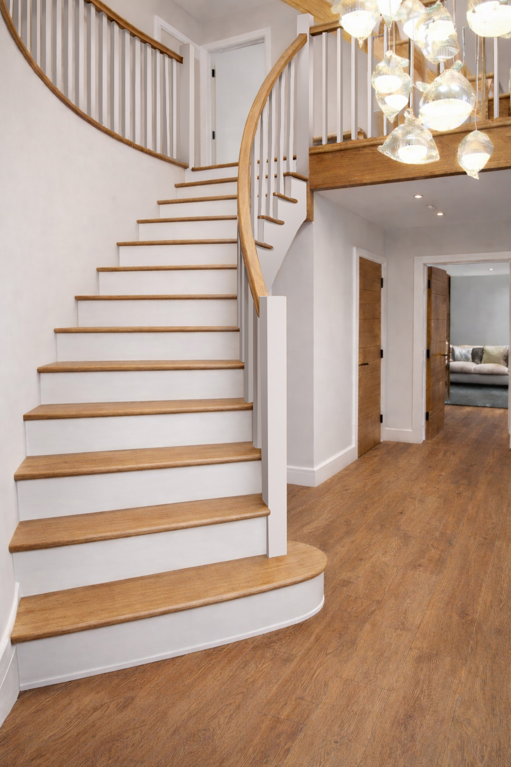 The Belan Curved Staircase in Oak and White Primed