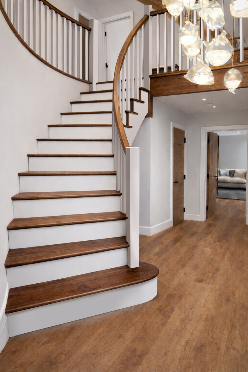 The Belan Curved Staircase in Walnut and White Primed