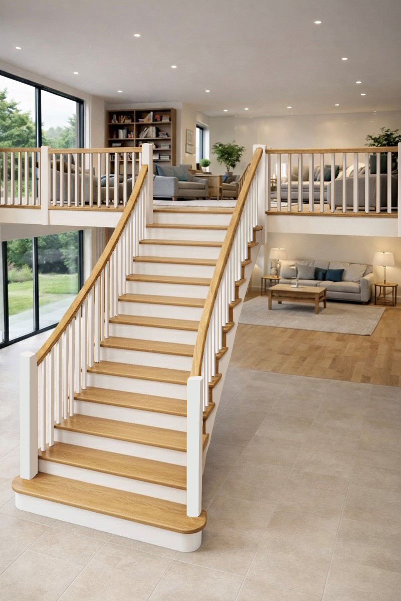 The Montford Curved Staircase in Oak and White Primed
