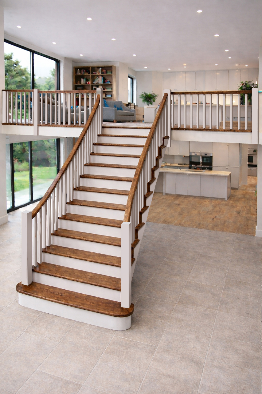 The Montford Curved Staircase in Walnut and White Primed