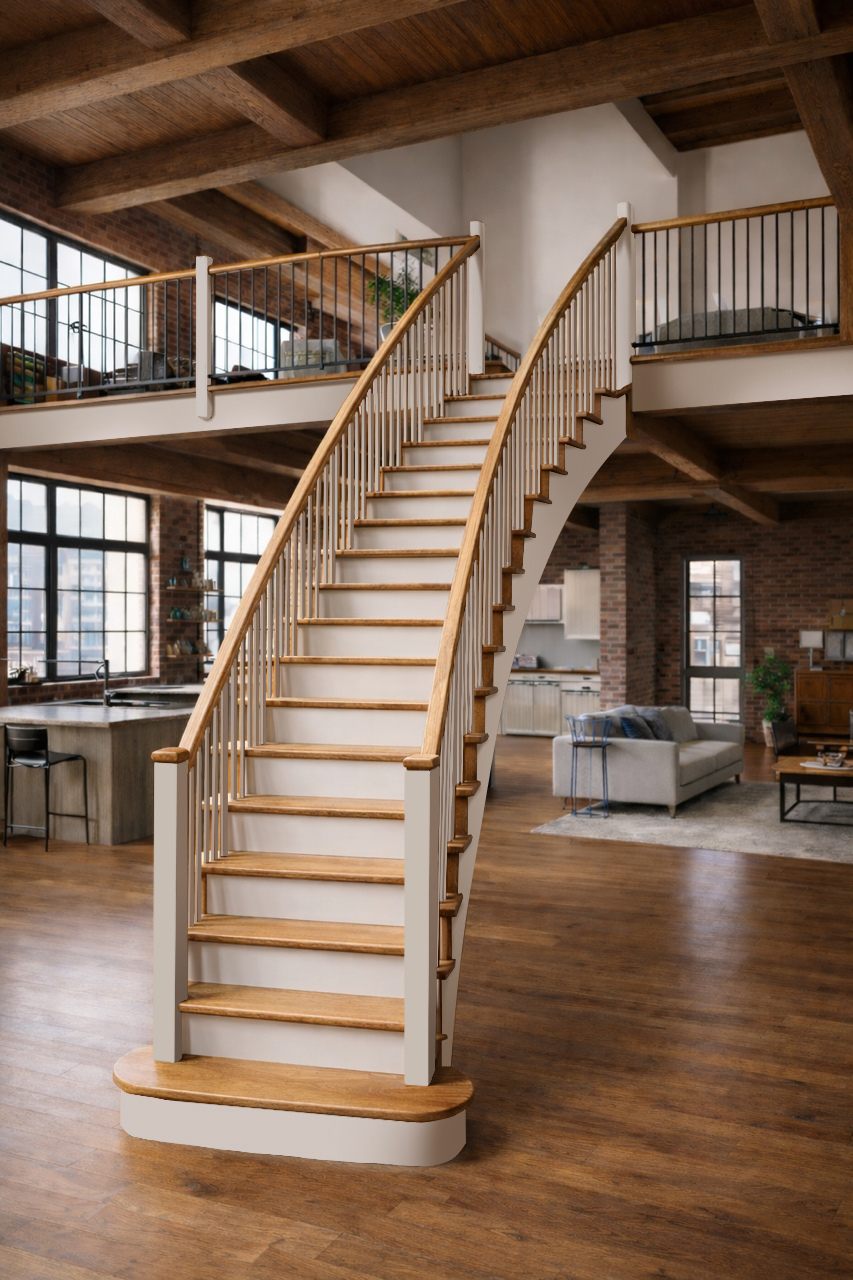 The Severn Curved Staircase in Oak and White Primed