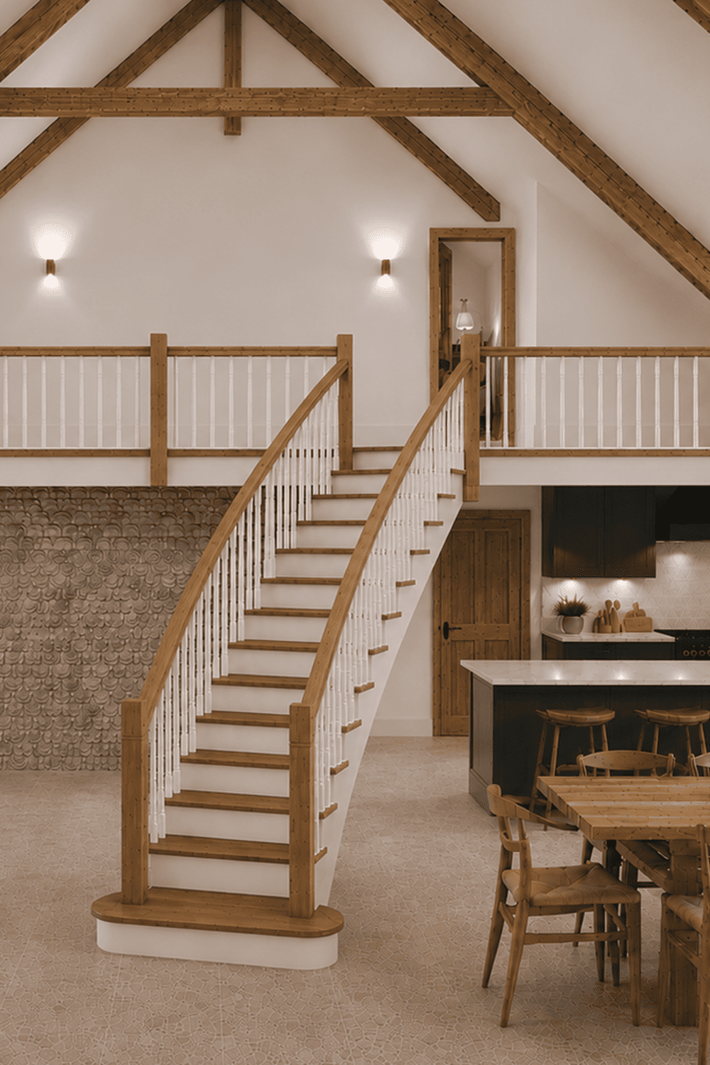 The Severn Curved Staircase in Oak and White Primed