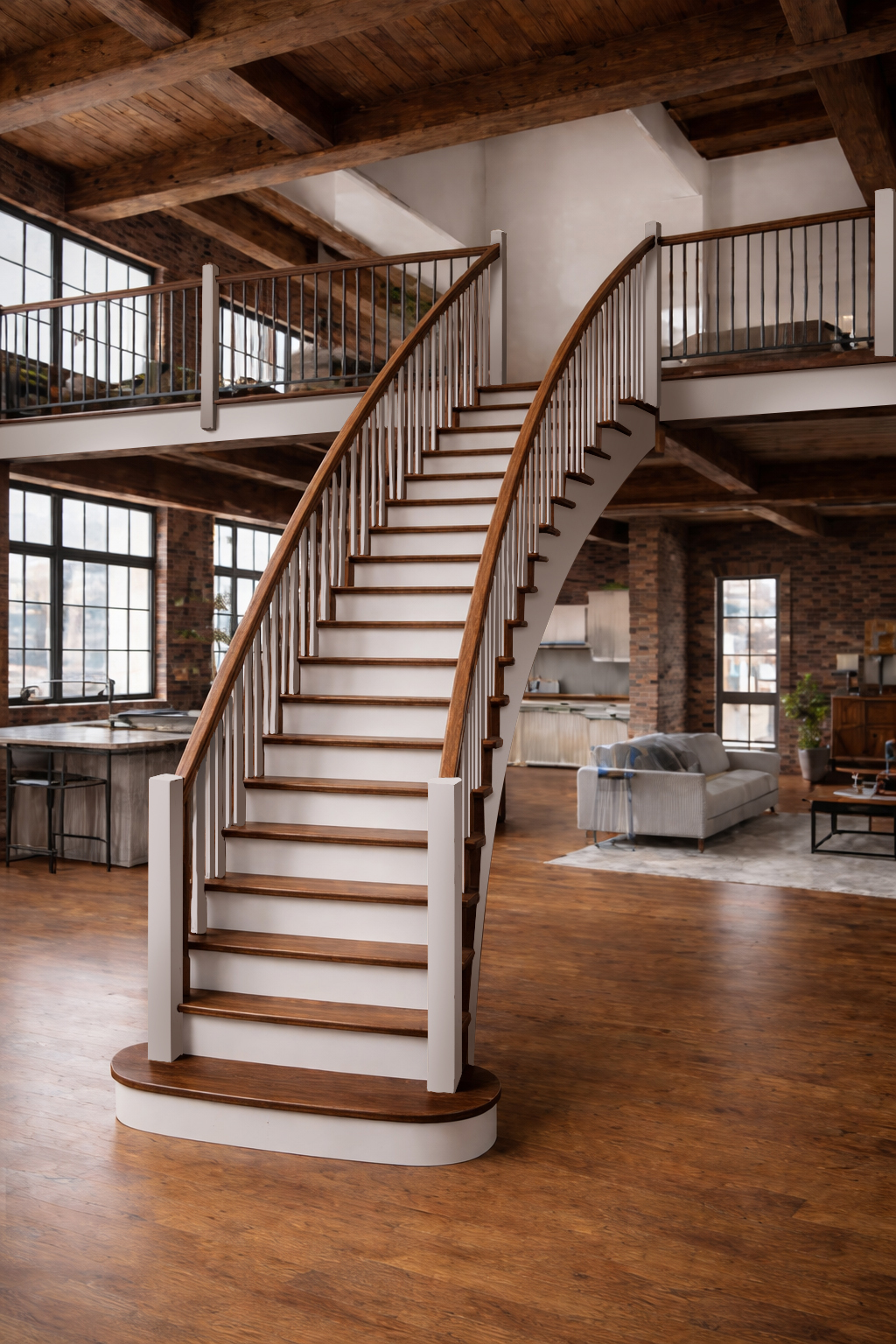 The Severn Curved Staircase in Walnut and White Primed