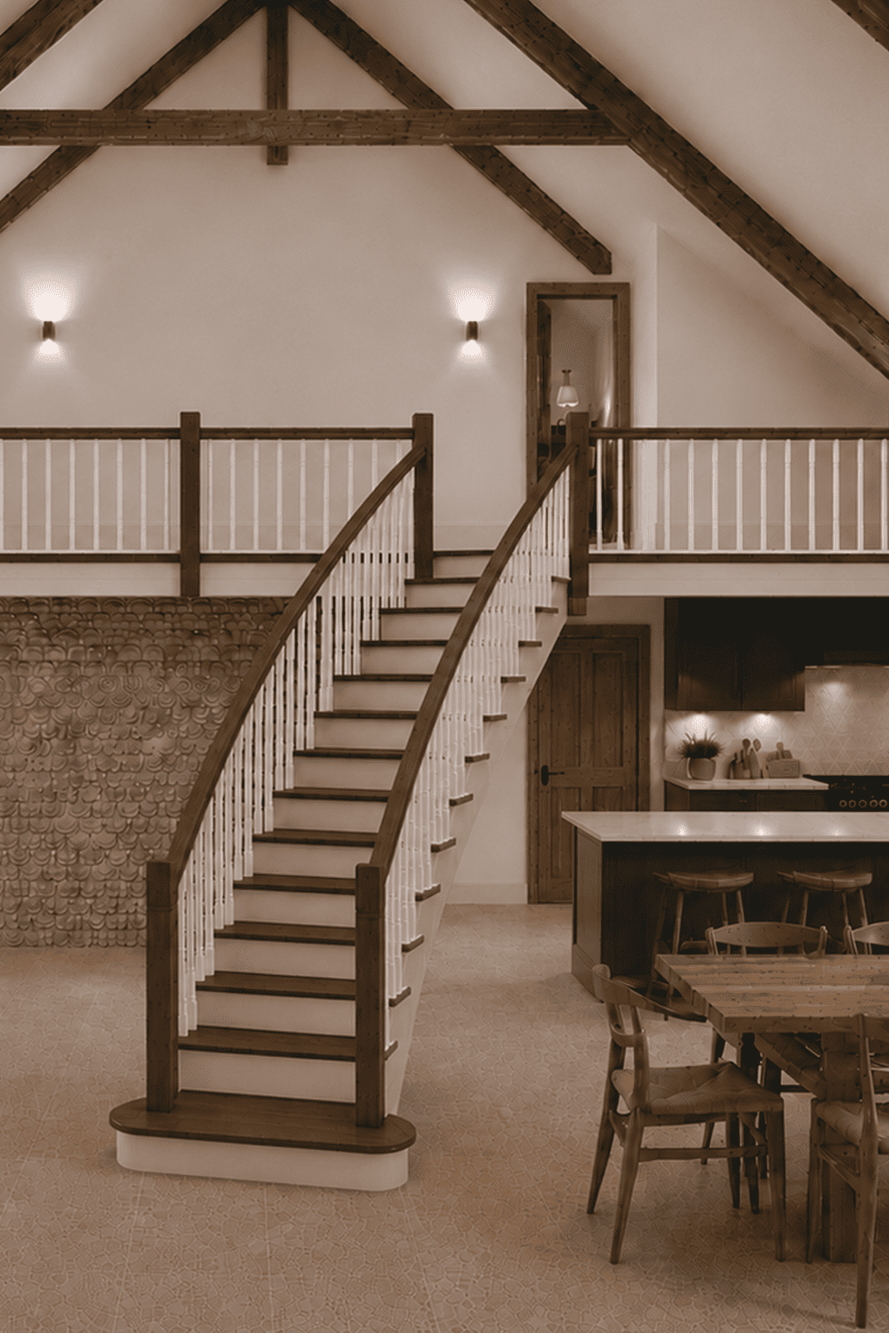 The Severn Curved Staircase in Walnut and White Primed