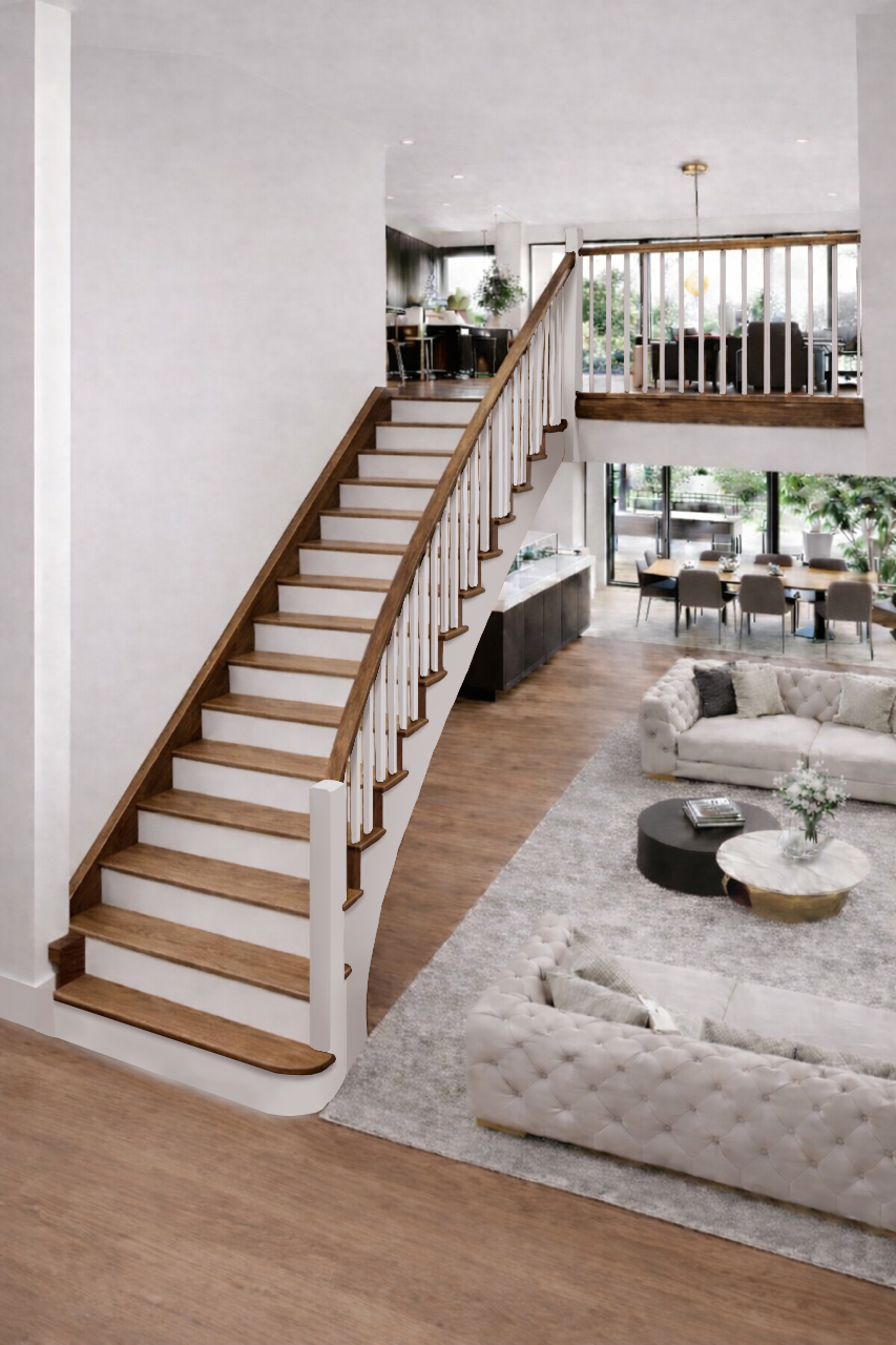 The Stretton Curved Staircase in Walnut and White Primed