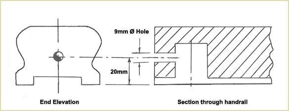 Pear Stairs recommend a 9mmØ hole is drilled 20mm from the very bottom of the handrail